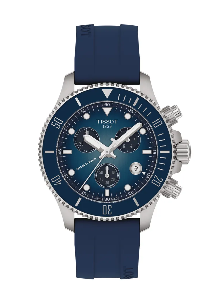 TISSOT海星系列防水300米石英計時腕錶38mm午夜藍，1萬7800元。品牌提供