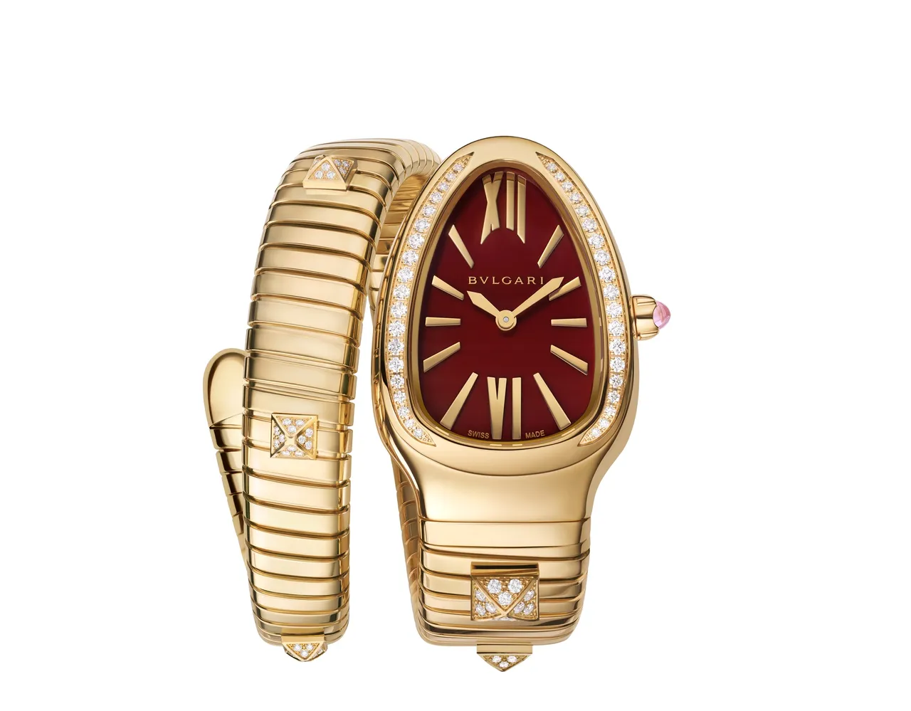 BVLGARI SERPENTI TUBOGAS黃金紅玉髓鑲鑽單圈腕錶。品牌提供