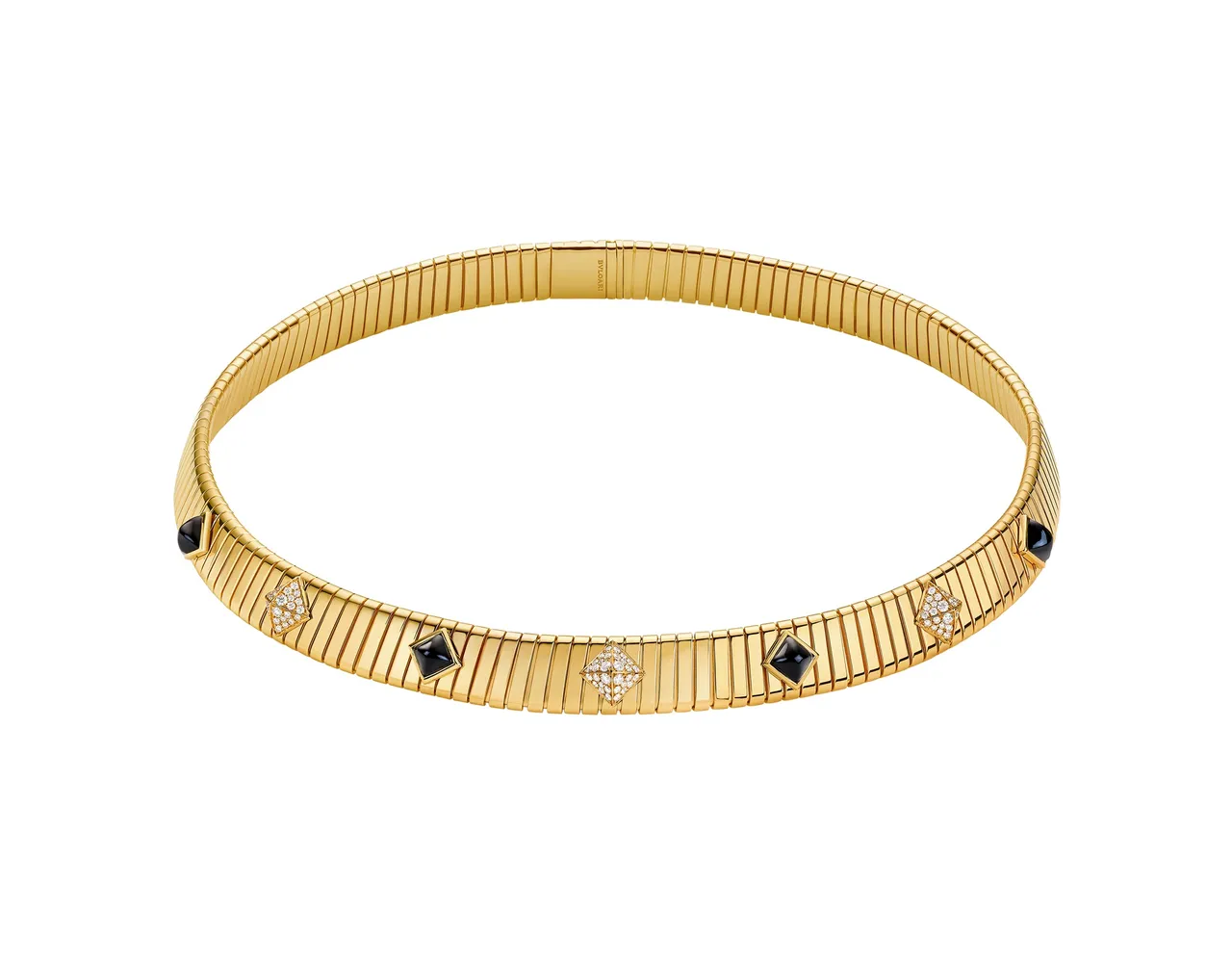 BVLGARI Tubogas系列黃金縞瑪瑙鑲鑽鉚釘項鍊。品牌提供