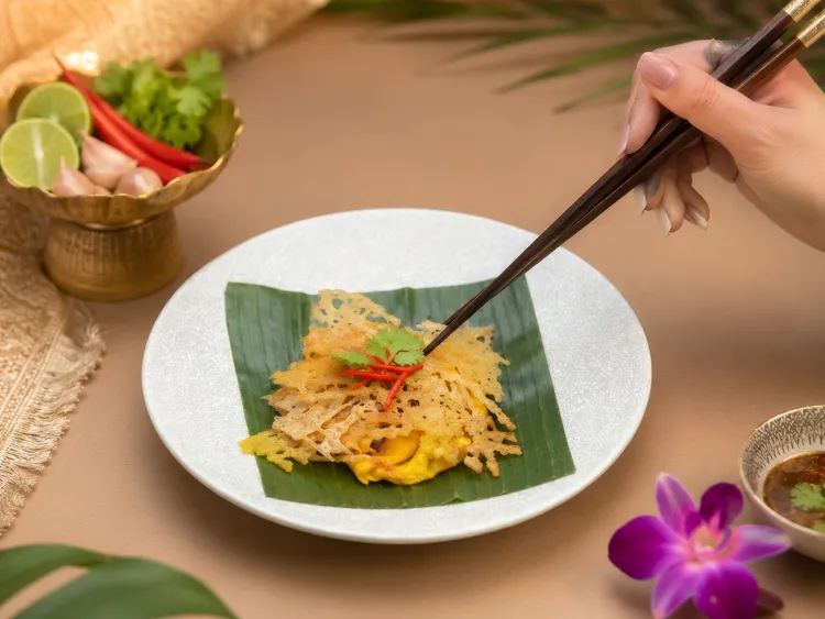 現點現做的「泰式蠔煎」，將鮮嫩海味與金黃酥香完美結合，帶您一秒感受最道地的曼谷街頭美食記憶。台北遠東香格里拉提供
