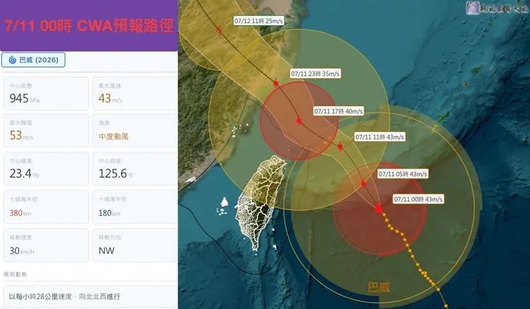 颱風「巴威」持續往台灣北部海面移動中。翻攝《觀氣象看天氣》臉書