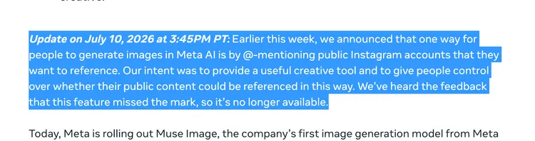Meta撤下可引用Instagram公開照片的AI生圖功能，引發隱私爭議。Meta官網