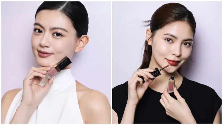 Model使用SUQQU晶采韻妍唇彩液，左圖#03薔薇霞、右圖#05紅詞。品牌提供