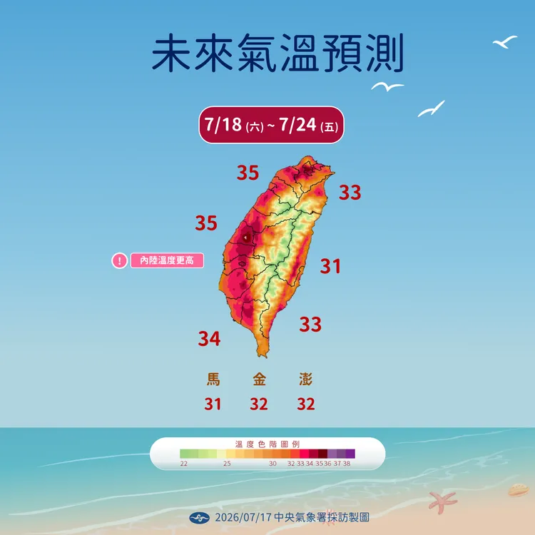 週末氣溫預測。氣象署提供