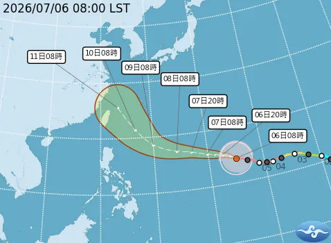 強烈颱風巴威目前在關島附近海域發展，距離台灣仍有約3千公里。氣象署提供

