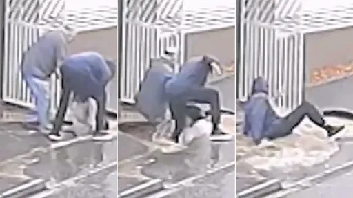 婦人撿手機「踩崩人行道」　兩男來救又塌一次全掉積水中