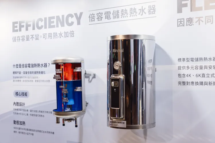 林內推出「倍容型儲熱式電熱水器」提供更長時間、更穩定的熱水供應。業者提供