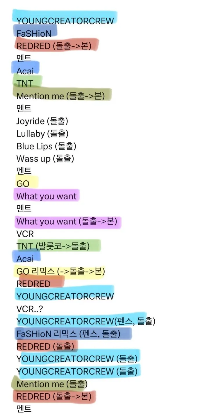 有粉絲整理出CORTIS昨晚演出的歌單，《YOUNGCREATORCREW》唱了5次，《REDRED》也有4次。翻攝X