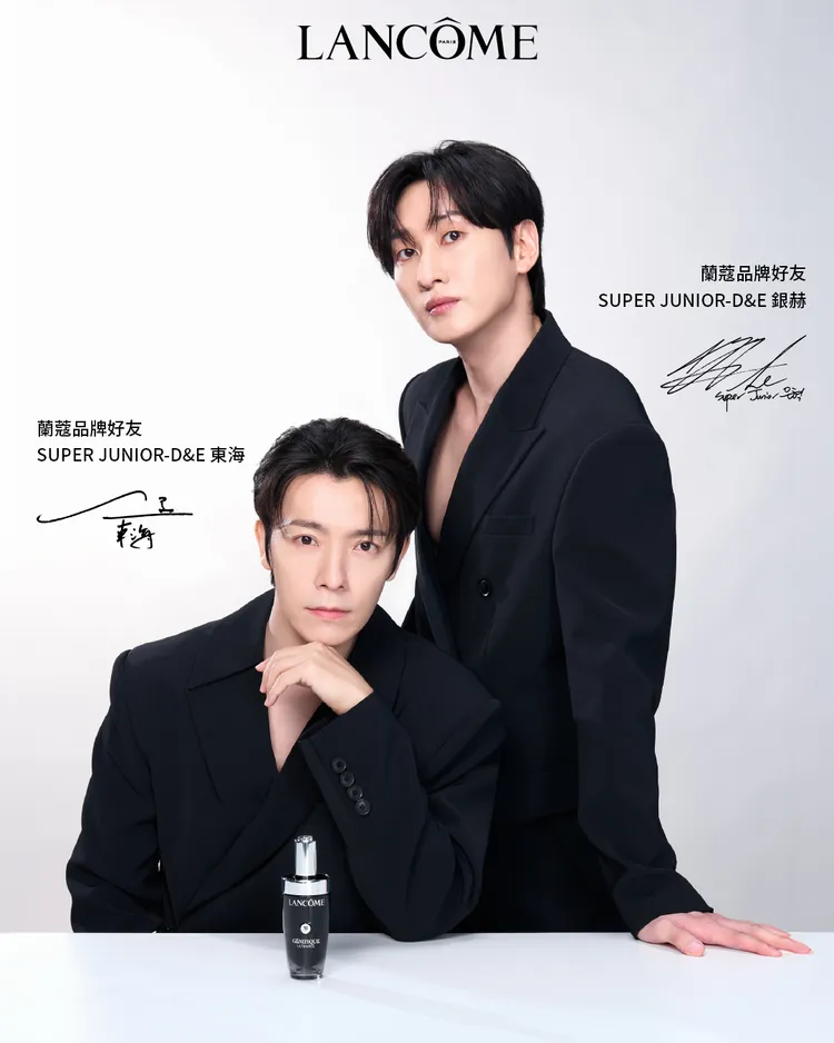 東海（左）與銀赫公開蘭蔻速PRO小黑瓶與速PRO抗皺筆的私房使用方法。品牌提供