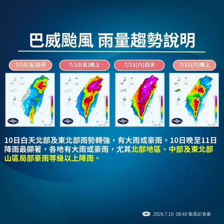 巴威颱風雨量趨勢。氣象署提供