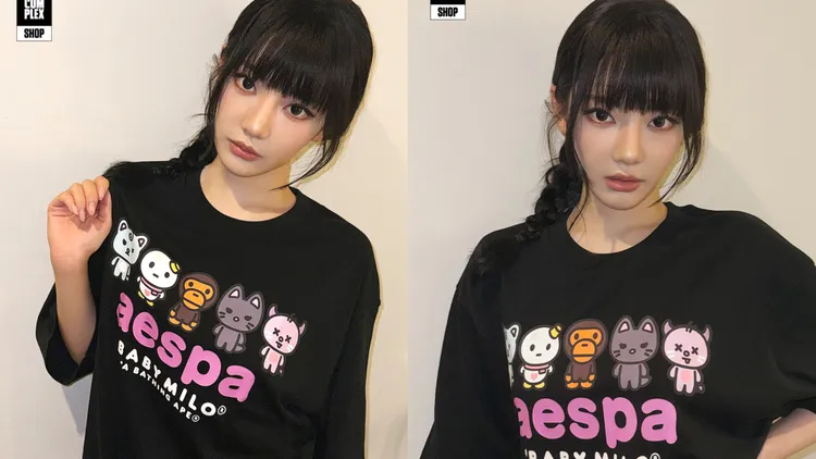 綁起麻花辮的Ningning穿上印有Q版BABY MILO的短T。品牌提供