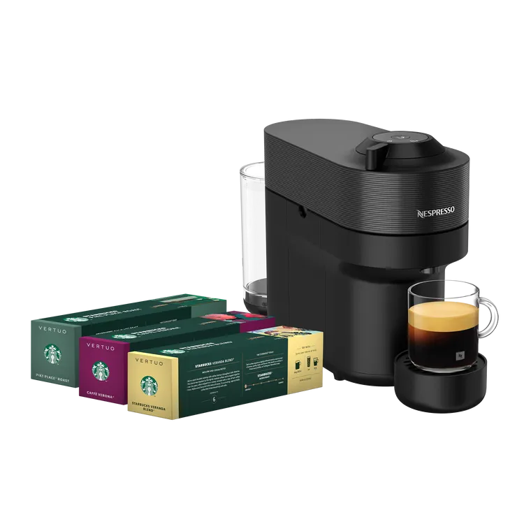  全新上市的星巴克® Nespresso Vertuo 系列咖啡膠囊，搭配Vertuo POP 午夜黑膠囊咖啡機。業者提供