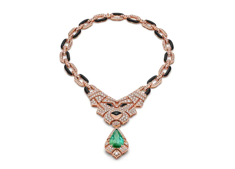 BVLGARI Mediterranea系列 Dessert Lion頂級玫瑰金彩寶與鑽石項鍊，主石為19.03克拉梨形切割綠色碧璽。品牌提供