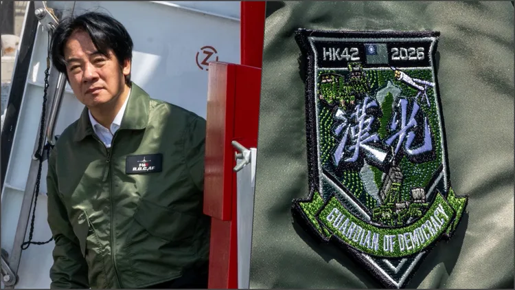 賴清德身穿印有F-16V名牌及漢光演習臂章的飛行夾克視導「戰力防護與保存」實兵演練。合成照，總統府提供