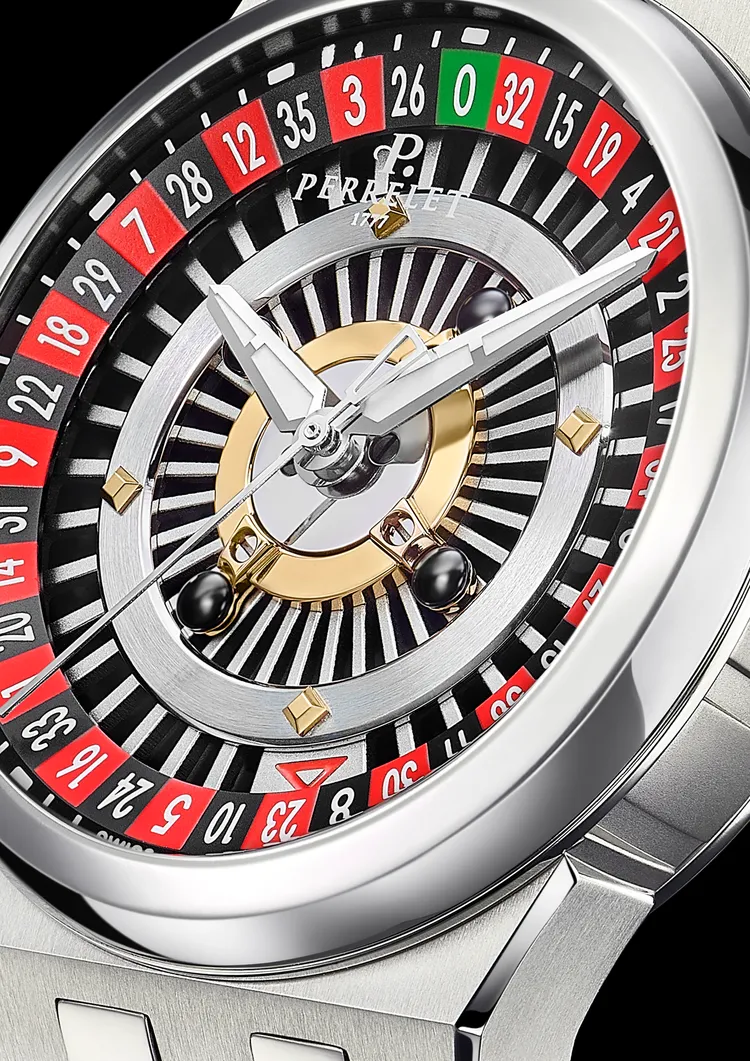 Perrelet Turbine Casino Roulette輪盤腕錶，41 mm，Grade 2鈦金屬錶殼，噴砂316L不鏽鋼鏤空法式輪盤錶盤，一體式五鏈節二級鈦金屬鍊帶（另附黑色橡膠錶帶），P-331-MH 自動上鍊機芯，動力儲存42小時，防水深度100 米，限量100只，22萬8888元。品牌提供