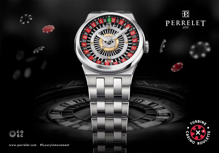Perrelet Turbine Casino Roulette輪盤腕錶，41 mm，Grade 2鈦金屬錶殼，噴砂316L不鏽鋼鏤空法式輪盤錶盤，一體式五鏈節二級鈦金屬鍊帶（另附黑色橡膠錶帶），P-331-MH 自動上鍊機芯，動力儲存42小時，防水深度100 米，限量100只，22萬8888元。品牌提供