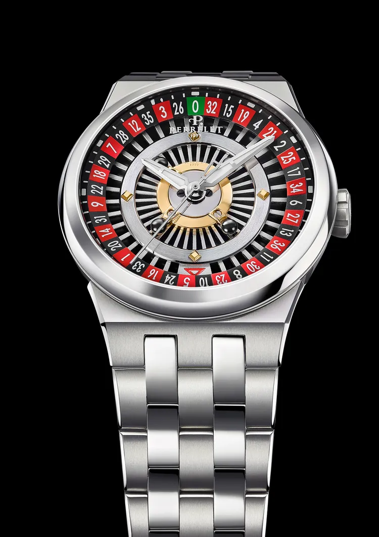 Perrelet Turbine Casino Roulette輪盤腕錶，41 mm，Grade 2鈦金屬錶殼，噴砂316L不鏽鋼鏤空法式輪盤錶盤，一體式五鏈節二級鈦金屬鍊帶（另附黑色橡膠錶帶），P-331-MH 自動上鍊機芯，動力儲存42小時，防水深度100 米，限量100只，22萬8888元。品牌提供