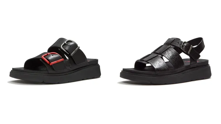 FitFlop x Keith Haring系列GEN-FF Buckle Slides扣環雙帶涼鞋（左）7850元、GEN-FF Fisherman Sandals漁夫後帶涼鞋（右）8250元。品牌提供