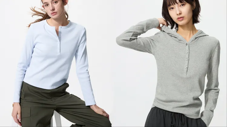 UNIQLO羅紋亨利領T恤（左）、羅紋連帽上衣（右），各590元。品牌提供