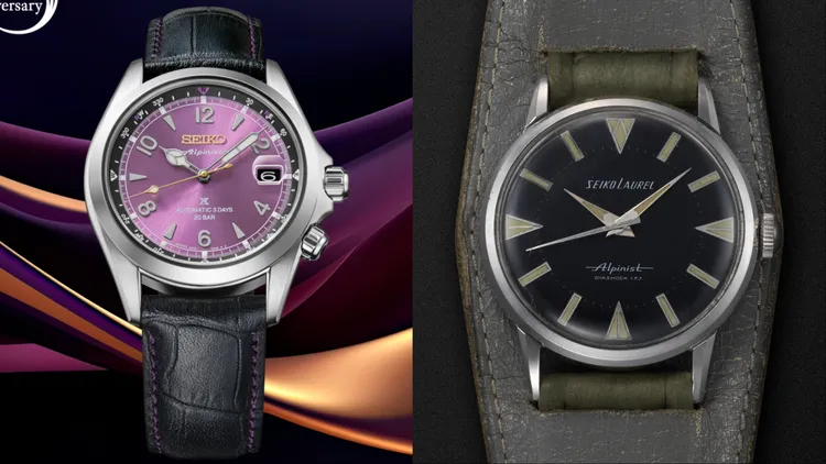 1959年推出的初代Seiko Laurel Alpinist腕錶（右）採用的「Alpinist」字樣。重現於全新錶款（左）12點鐘位置的SEIKO標誌下方。品牌提供