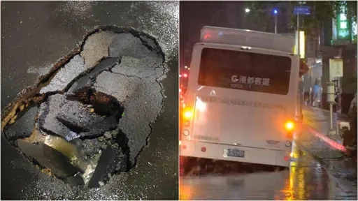 雨炸高雄！公車右後輪陷入坑洞車身傾斜　覆蓋交維今開挖修復