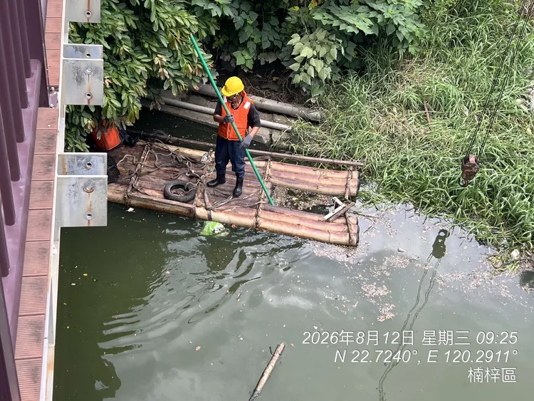 水利局人員進行河面魚體打撈作業。翻攝畫面