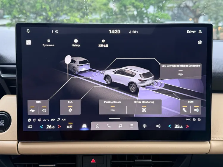 新CX-5導入多項i-ACTIVSENSE進階主動安全科技，包含前後方橫向車流防撞、盲點避讓、道路偏移防止及十字路口交通輔助等功能，安全防護範圍較上一代更加完整。林浩昇攝