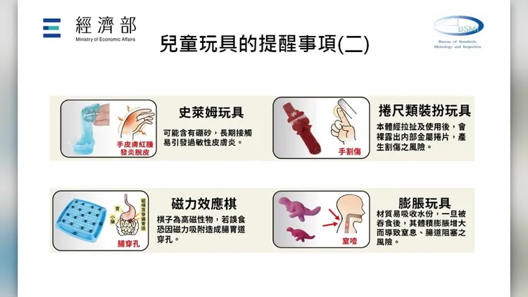 經濟部標檢局表示國內玩具採前、後市場雙重把關，凡供14歲以下兒童使用的玩具都須完成檢驗、貼附商品安全標章才能上市。標檢局提供