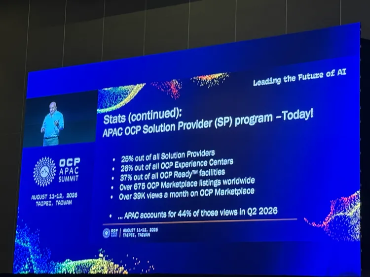 OCP亞太生態系持續擴大，亞太地區占全球OCP Solution Provider約25%，2026年第2季更貢獻OCP Marketplace達44%瀏覽量。呂承哲攝