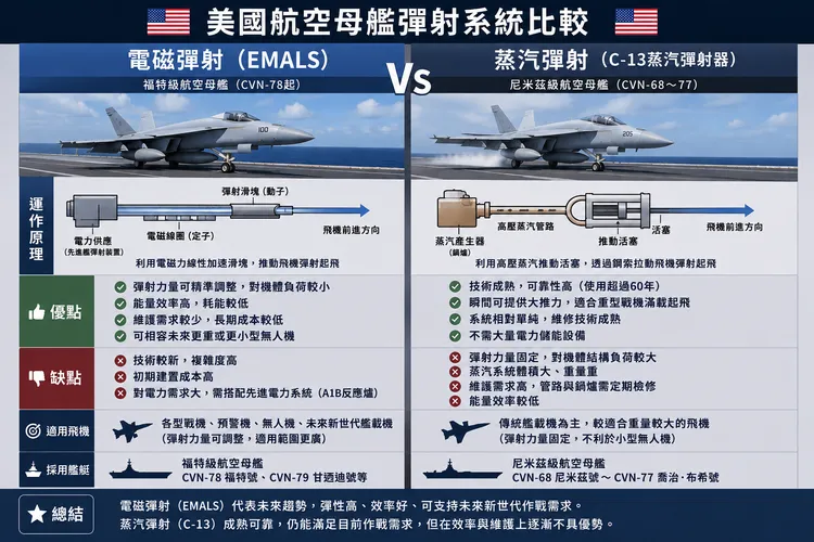 美國航空母艦彈射系統比較。AI生成簡易版比較圖，經編輯核對。