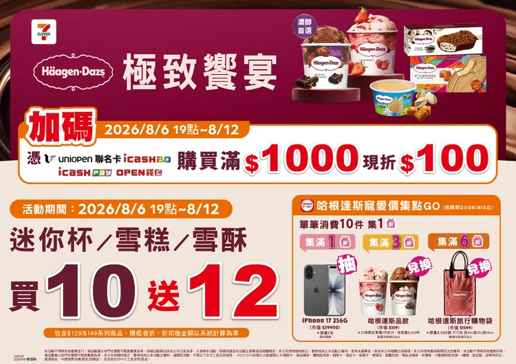 期間全台門市推出哈根達斯迷你杯/雪糕/雪酥等品項任選買3送2、加碼買10送12優惠。7-ELEVEN提供