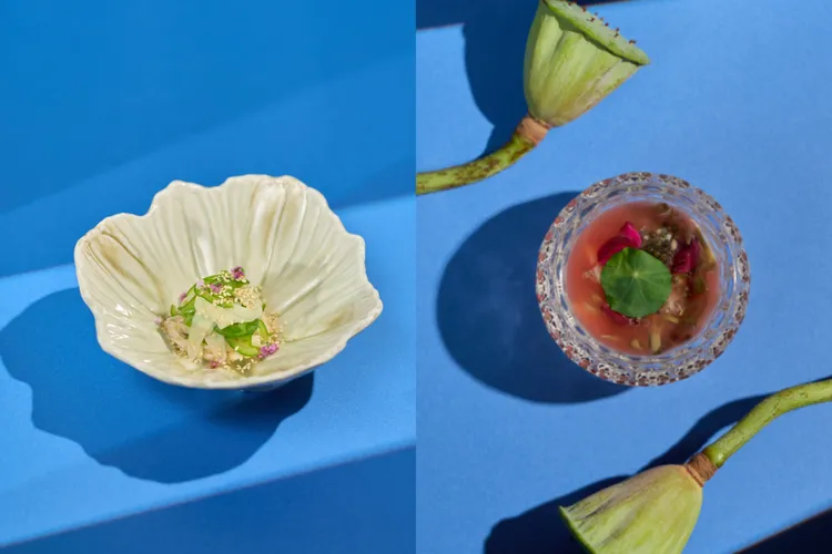「先付・前菜」以降火根莖食材的清霜甘甜舒解酷暑，輕啟感官與體內微循環。日勝生加賀屋提供