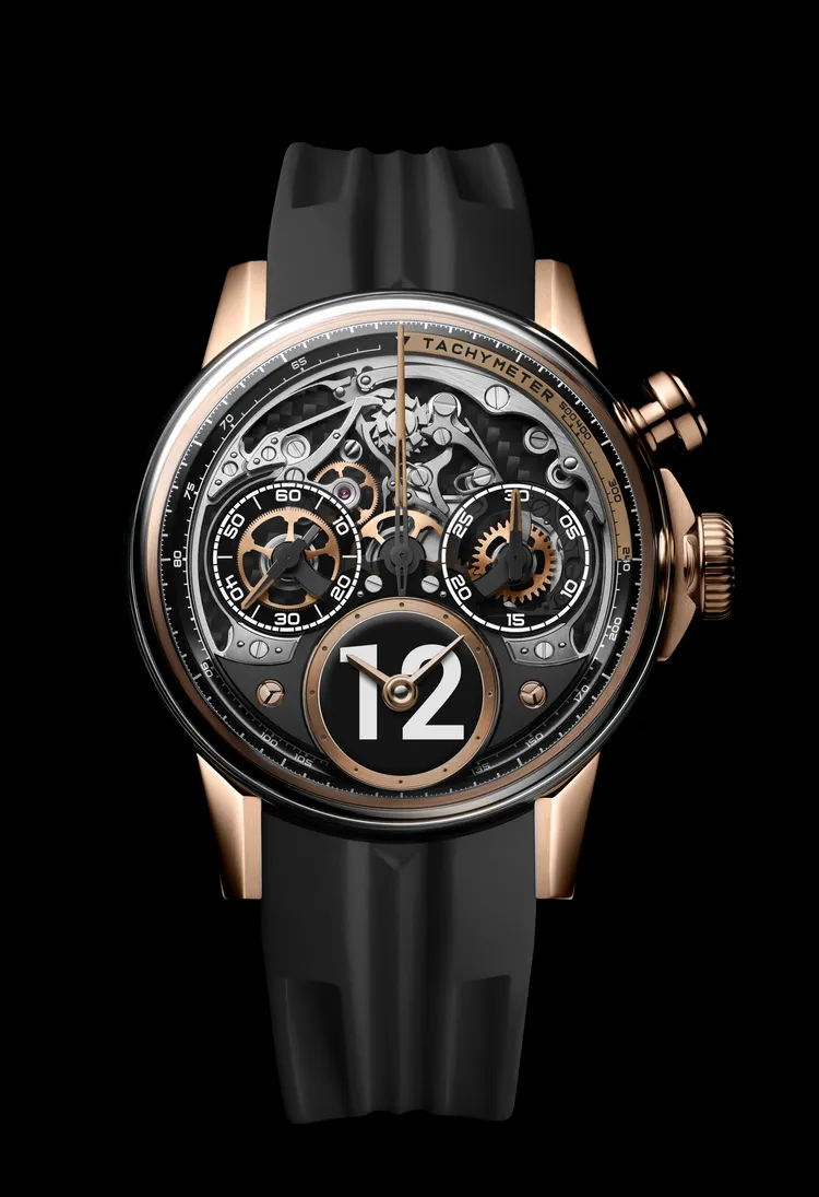 Louis Moinet TIME TO RACE FLASH計時腕錶，40.7mm，18K紅金錶殼，黑色與編織碳纖維錶盤，預成型橡膠錶帶，LM96自動上鍊機芯，動力儲存48小時，防水深度50米，限量每種幸運數字全球獨一無二，195萬元。品牌提供