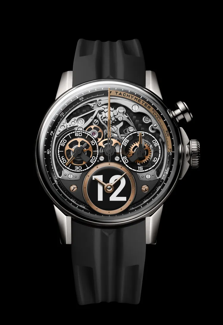 Louis Moinet TIME TO RACE FLASH計時腕錶，40.7mm，5級鈦金屬錶殼，黑色與編織碳纖維錶盤，預成型橡膠錶帶，LM96自動上鍊機芯，動力儲存48小時，防水深度50米，限量每種幸運數字全球獨一無二，105萬元。品牌提供