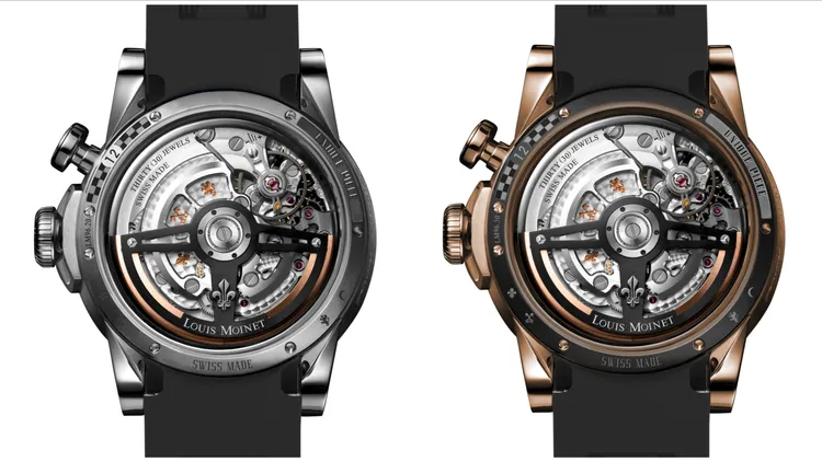 Louis Moinet TIME TO RACE FLASH計時腕錶錶背可看到內部機械運作。品牌提供