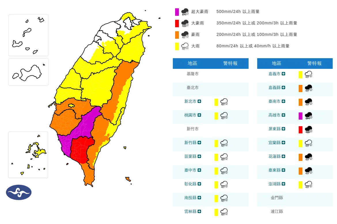 氣象署發布豪雨特報「高雄出現紫爆」　恐現超大豪雨