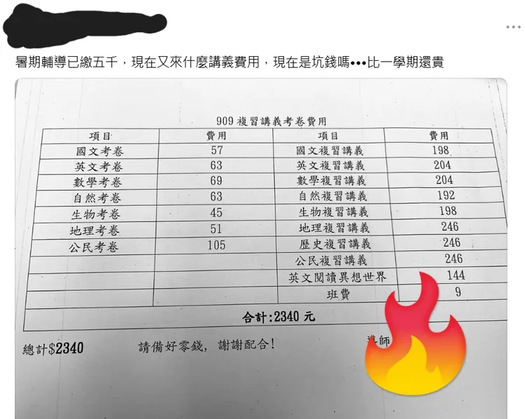 父親抱怨學校收講義費遭到批評。翻攝自threads