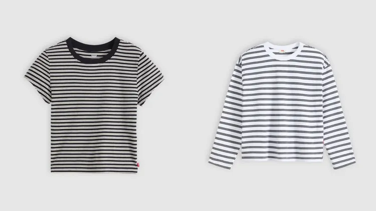 Levi’s®圓領條紋短袖上衣（左）1490元、淺色復古條紋長袖上衣（右）1890元。品牌提供