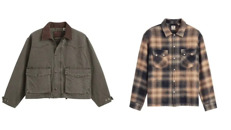 Levi’s®燈芯絨丹寧工裝夾克（左）4390元、寬鬆格紋長袖襯衫 （右）2490元。品牌提供