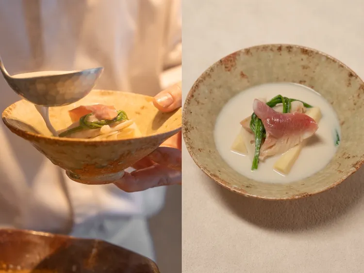 Ukai Kaiseki懷石「豆乳鍋」以北海道十勝雪譽、佐賀福豐大豆與高雄9號三種黃豆製成豆乳湯底，呈現溫潤細緻的夏季旨味。業者提供