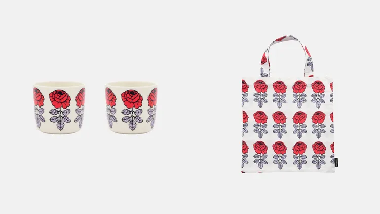 Marimekko Vihkiruusu婚禮玫瑰印花手握杯組（左）2190元、托特包（右）1990元。品牌提供