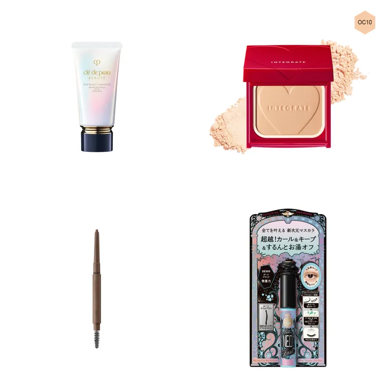 Clé de Peau Beauté 肌膚之鑰激光幻妍乳，37ml／3600元；INTEGRATE柔焦輕透美肌粉餅，570元；ettusais一筆柔霧持色眉筆#03，485元；MAJOLICA MARJORCA新次元NEO捲翹睫毛膏，469元。品牌提供