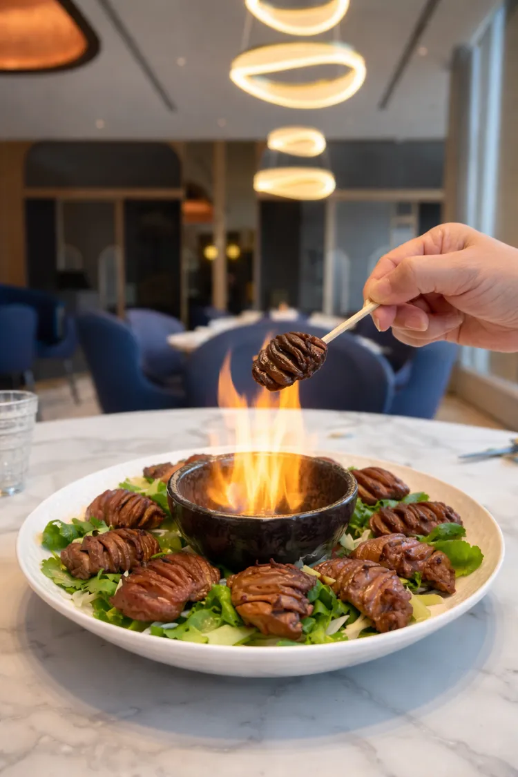 選用3公斤鴨的鴨心，以刀功去除血管、筋膜，保留最細嫩的肉質，切上纖細花刀，以高粱酒、蔥油等抓醃入味，下鍋快火油炸三秒，保持鴨心的嫩度，食用前可在點火的高粱酒碗中輕涮，再快速過一下火焰，外香裡嫩，搭配香菜和蔥入口更對味。業者提供