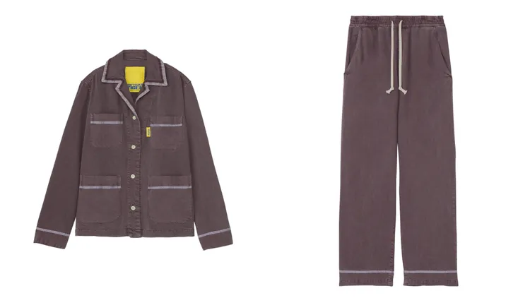 ONITSUKA TIGER DENIVITA灰紫色滾邊設計長袖襯衫（左）1萬3700元、灰紫色滾邊設計抽繩褲（右）9180元。品牌提供
