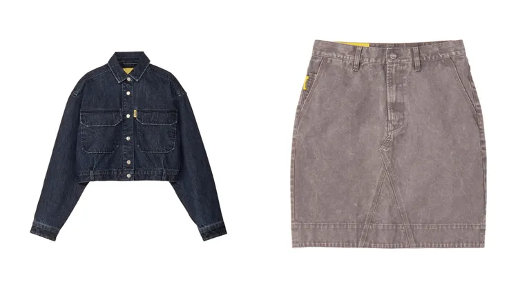 ONITSUKA TIGER DENIVITA設計短版排釦丹寧外套（左）1萬5700元、灰紫色車線設計丹寧短裙（右）1萬1600元。品牌提供