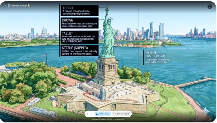 Google Earth導入Nano Banana 2影像生成模型，使用者可替自由女神像等地標加入圖解資訊，快速產生兼具地理脈絡與教育用途的視覺內容。Google官網