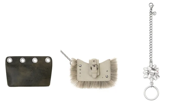 STAND OIL Loop Eyelet Pouch孔眼小收納包（左起）1130元、Stud Fur Keyring鉚釘毛絨鑰匙圈1130元、Rosette Keyring玫瑰花結吊墜鑰匙圈840元。品牌提供