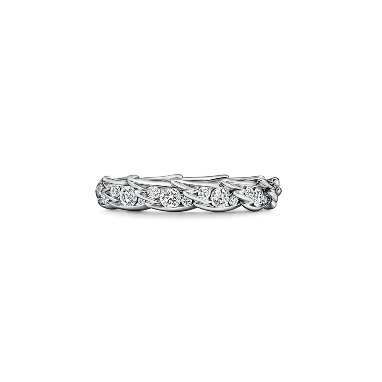 Tiffany 石上鳥珠寶系列 Wings 鉑金鑲鑽窄版戒指。品牌提供
