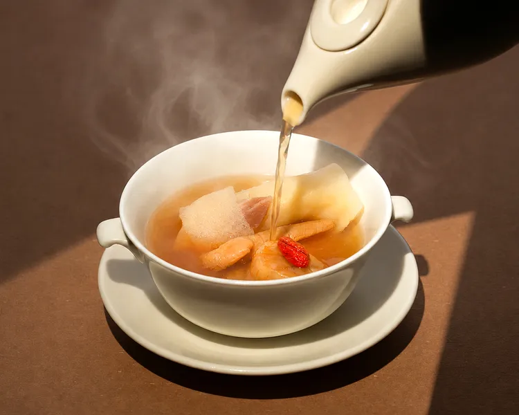 圖片02.	「瑤柱 珍珠貝 花膠 金華火腿 上湯」由廖晉輝主廚將法式清雞湯 (Consommé)澄清技法融入粵式高湯，嚴選台灣春雞與鰵魚花膠費時慢燉，呈現晶瑩滋補的清雅美味。台北遠東香格里拉提供