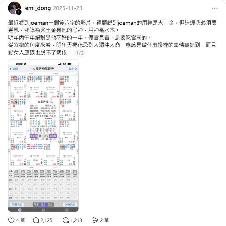 有網友去年11月算出Joeamn今年會有跟女人有關的是非。翻攝Threads